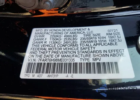 2021 Honda Cr-V Touring z USA, uszkodzony, nr VIN 7FART6H98ME031335